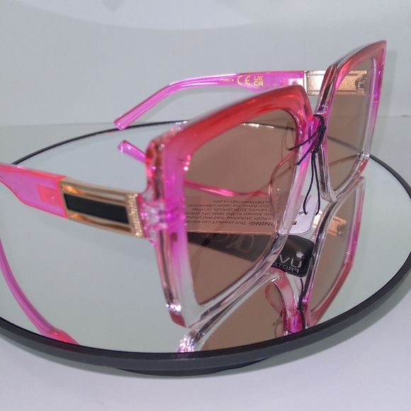 Clear Hot Pink Oversized Gold Rectangle Temple Square Sunglasses - Picture 4 of 7